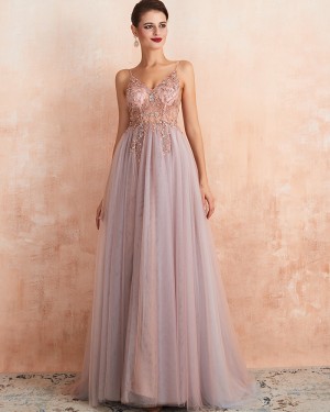 Spaghetti Straps Tulle Beading Bodice Evening Dress with Side Slit QD064