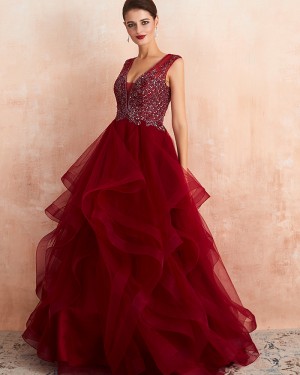 Gorgeous V-neck Ruffled Princess Beading Bodice Evening Dress QD065