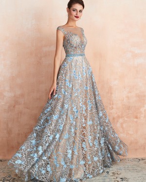 Gorgeous Lace A-line Jewel Neck Sequin Evening Dress QD067