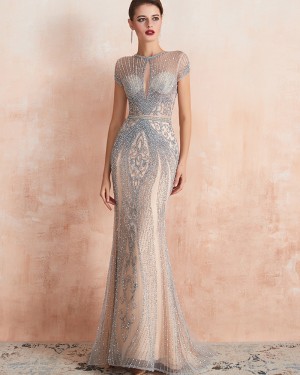 Gorgeous Champagne High Neck Beading Mermaid Evening Dress with Short Sleeves QD068