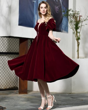 Velvet Knee Length Deep V-neck Burgundy Formal Dress with Short Sleeves QD072