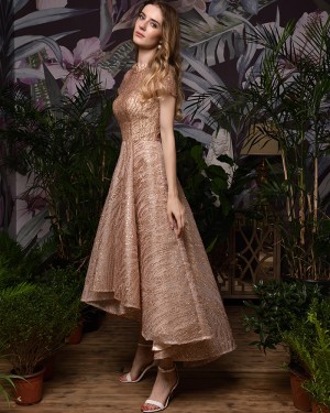 Rose Gold High Low High Neck Sparkle Evening Dress with Short Sleeves QD073