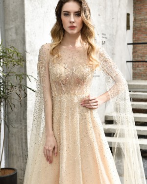 Champagne Beading Jewel Elegant A-line Evening Dress QD076