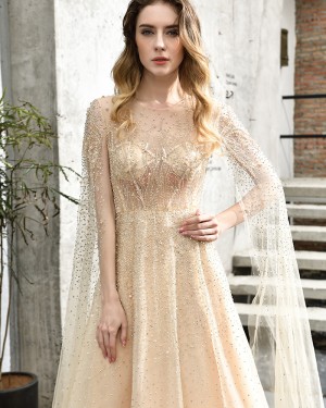 Champagne Beading Jewel Elegant A-line Evening Dress QD076