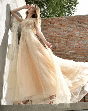 Champagne Beading Jewel Elegant A-line Evening Dress QD076
