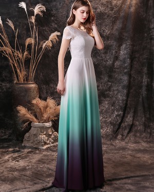 Ombre Lace Bodice Bateau Neckline Chiffon Prom Dress with Short Sleeves QD19458