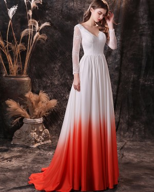 Lace Bodice V-neck Ombre Pleated Evening Dress with Long Sleeves QD24456
