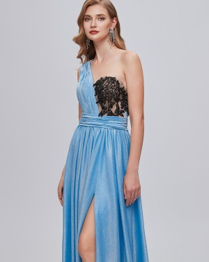 Ruched Applique One Shoulder Satin Evening Dress with Side Slit QD321082