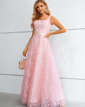 Pink Handmade Flowers Scoop Neckline A-line Evening Dress QD331105