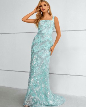 Cyan Sequin Square Neckline Lace Evening Dress with Detachable Skirt QD351072