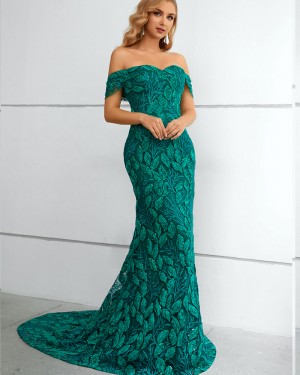 Green Off the Shoulder Lace Mermaid Evening Dress QD351086