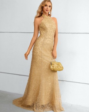 Champagne High Neck Lace Mermaid Prom Dress QD351089