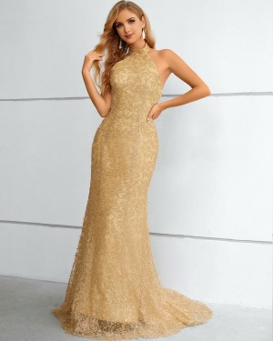 Champagne High Neck Lace Mermaid Prom Dress QD351089