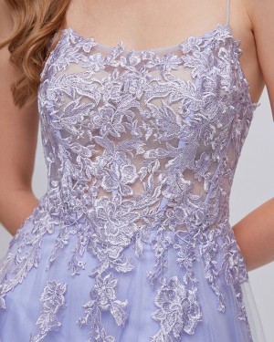 Lace Applique Spaghetti Straps Light Blue Evening Dress with Side Slit QD361031