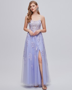 Lace Applique Spaghetti Straps Light Blue Evening Dress with Side Slit QD361031