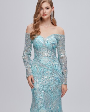 Floral Lace Off the Shoulder Mermaid Evening Dress with Long Sleeves QD381071