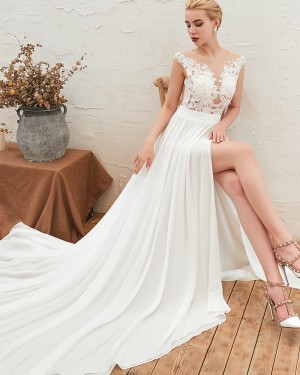 Jewel Pleated Lace Appliqued Bodice Wedding Dress with Side Slit QDWD001