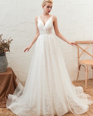 White A-line V-neck Lace Tulle Wedding Dress with Lace Up QDWD002