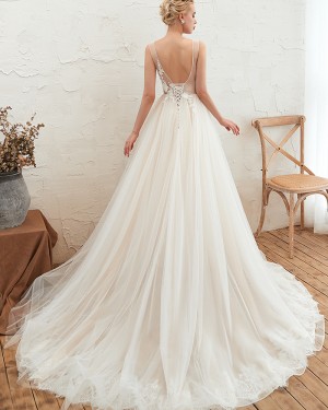Appliqued Pleated V-neck Ivory 3D Flower A-line Wedding Dress QDWD003