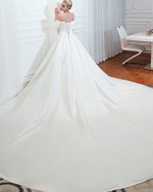 Simple Off the Shoulder Satin Long Wedding Dress with 3/4 Length Sleeves QDWD008