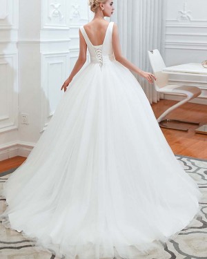 Simple White Pleated Tulle V-neck Ruched Wedding Dress QDWD009