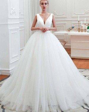 Simple White Pleated Tulle V-neck Ruched Wedding Dress QDWD009