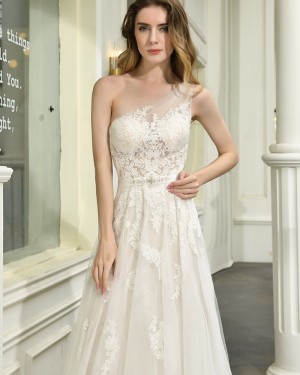 One Shoulder Lace Applique Ivory Tulle A-line Wedding Dress QDWD023