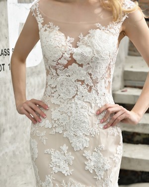 Lace Ivory Scoop Neckline Mermaid Tulle Wedding Dress QDWD024