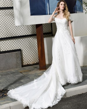 White Appliqued Off the Shoulder A-line Wedding Dress QDWD025