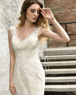 V-neck Lace Mermaid Champagne Beading Wedding Dress QDWD026