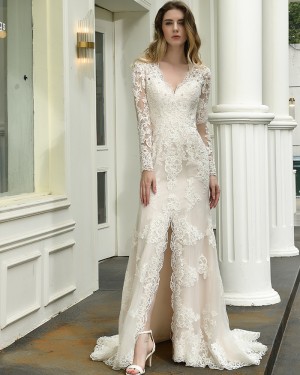 Lace Mermaid V-neck Ivory Appliqued Side Slit Wedding Dress with Long Sleeves QDWD027