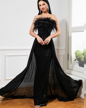 Strapless Sequin Mermaid Evening Dress with Feathers & Detachable Skirt RJ10034