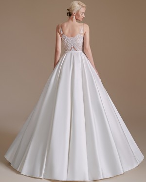 White V-neck Satin A-line Simple Wedding Dress with Lace Bodice SQWD2499