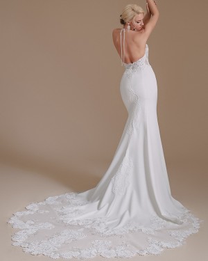 Beading Satin High Neck White Mermaid Wedding Dress with Lace Bodice SQWD2503