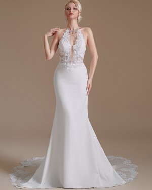 Beading Satin High Neck White Mermaid Wedding Dress with Lace Bodice SQWD2503