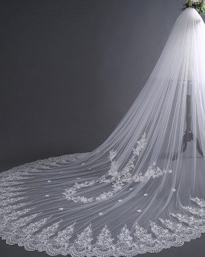 Two Tiers Ivory Lace Applique Edge Cathedral Wedding Veil TS17135