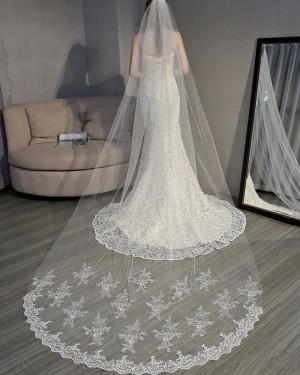 Ivory Applique Edge Chapel Length Wedding Veil TS18007