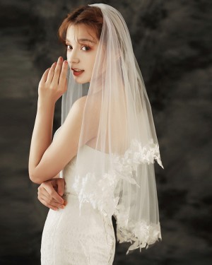 Ivory Two Tiers Lace Applique Edge Tulle Elbow Length Veil TS1901A