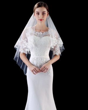 Two Tiers Tulle Lace Applique Edge Wedding Veil with Comb TS1902