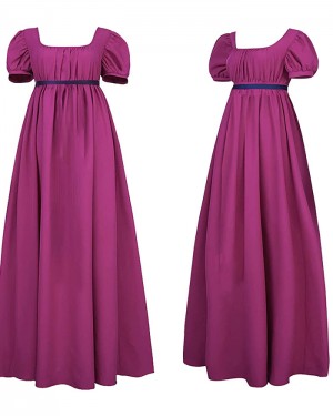 Fuchsia Square Neckline Empire Satin Vintage Brigerton Dress with Short Sleeves VD008