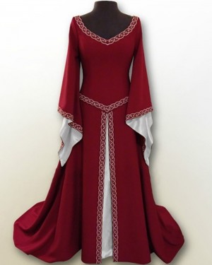 V-neck Navy Blue Lace Applique Vintage Medieval Victorian Dress with Flare Sleeves VD011