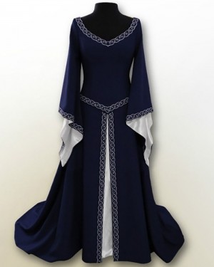 V-neck Navy Blue Lace Applique Vintage Medieval Victorian Dress with Flare Sleeves VD011