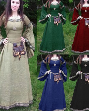 Jewel Neckline Black Vintage Medieval Bridgerton Dress with Flare Sleeves VD012