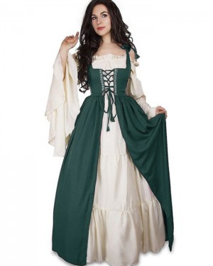 Square Neckline Burgundy Vintage Medieval Bridgerton Dress with Flare Sleeves VD013
