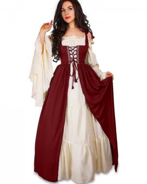 Square Neckline Burgundy Vintage Medieval Bridgerton Dress with Flare Sleeves VD013