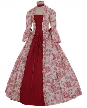Print Square Neckline Red Medieval Gothic Victorian Dress with 3/4 Length Sleeves VD017