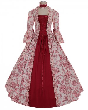 Print Square Neckline Red Medieval Gothic Victorian Dress with 3/4 Length Sleeves VD017