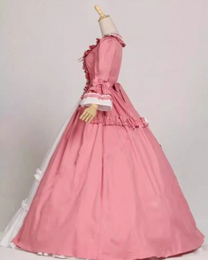 Pink Square Neckline Ruched Medieval Victorian Rococo Evening Gown with Flare Sleeves VD018