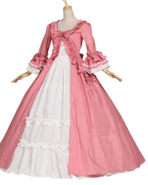 Pink Square Neckline Ruched Medieval Victorian Rococo Evening Gown with Flare Sleeves VD018