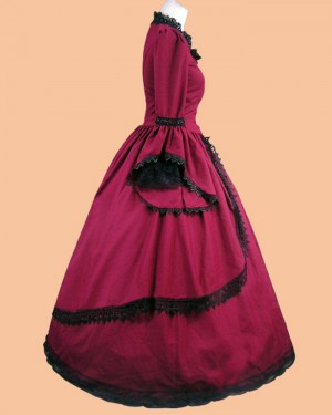 Queen Anne Neckline Burgundy Satin Appliqued Medieval Renaissance Evening Gown with Long Sleeves VD022